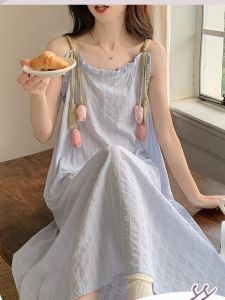 Elegant Summer Sleep Dress: A Mid-Length Strapless Gown with Chest Pad & Sweet Style Cotton Print