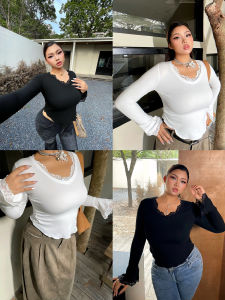 เสื้อยืดแขนยาวผู้หญิงไซส์ใหญ่ ทรงเข้ารูป แขนกระดิ่ง ลูกไม้ ทรงเข้ารูป เสื้อชั้นในลำลอง สไตล์สตรีท โพลีเอสเตอร์