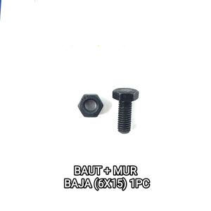 Baut Baja 6 X 15 (+ Mur) Harga Per 1 PC - Baud Mor Baja M6 Bibir Topi 6mm Panjang 15mm mili Kunci 10