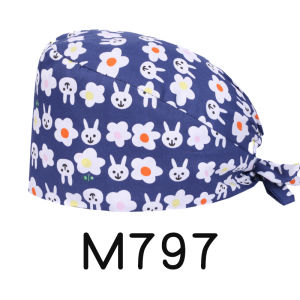 Cartoon Print Scrub Cap Nursing Hat Long Hair Gynecology Ponytail Bun for Women Men Nurse Doctor Cotton Dentist Vet Work Hats