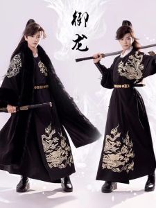 Original Hanfu Mens Winter Thickened Fleece Lined Cowl Neck Tang Style Embroidered round Neck Robe Traditional Chinese Costume