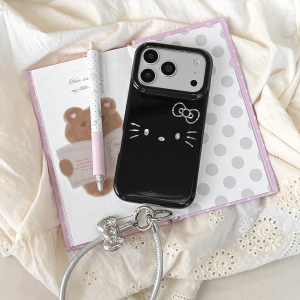 Sanrio | Fashion Black White Sanrio Hello Kitty Cute Shockproof Phone Case For iphone 17 16 15 Pro Max Gloss Hard Back Cover With Lanyard