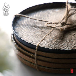 Japanese Style Coarse Ceramics Western Dinnerware Black Steak Plate Fruit Tray round Vintage Dish Plate for Adults 8.5 Inches