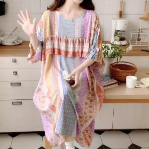 plus Size Silk Cotton Sleep Dress Womens Thin Short Sleeve Dress Artificial Cotton Wearable Home Clothes Summer Nightgown