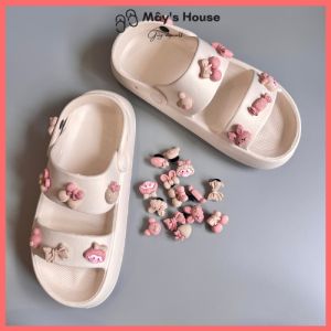 Dép quai hậu nữ đi học sandal nữ đế cao 3cm tặng 14 sticker cô gái phối màu trắng đen hồng dễ thương QN-12 - MayTo