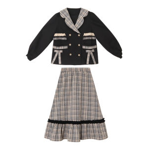 Black Plaid Suit Set Womens Collar Artistic Fashionable Spring Festival New Style Cheese Day Autumn Night Street Lamp Sweet