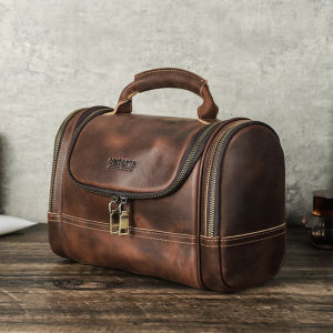 Hiram Men Genuine Leather Retro Travel Toiletry Bag Cosmetic Washing Shower Organizer Handbag Large Capacity Bags
