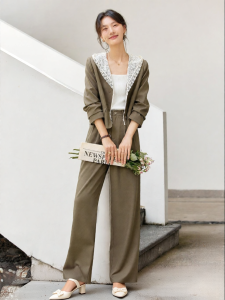Vimly | Spring New Hooded Lace Greenish-brown Suit