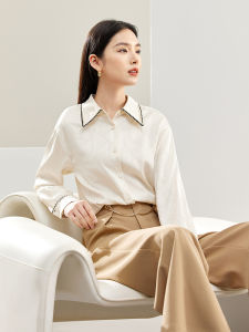 Commute Korean Style Long Sleeve Shirt Women Spring New Double Color Weave Belt Embroidered Satin Loose Top Button Detail