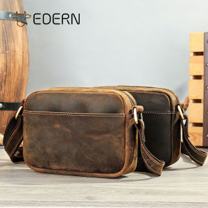EDERN กระเป๋าสะพายไหล่ผู้ชายหนังม้าบ้าย้อนยุค แฟชั่นลำลองกระเป๋าเมสเซนเจอร์ขนาดเล็ก รูปร่างกระเป๋าสลิงหนังวัวแท้ กระเป๋าสะพาย ผู้ชาย