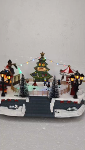D&D Home l FC708 Christmas Village Scene with Merry Christmas Tree Carousel and Miniature Figures