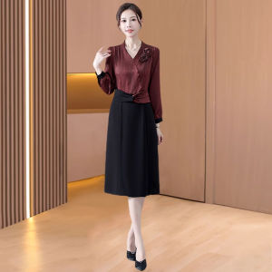 MAIMEI | Elegant Matron Wedding Dress Fake Two-Piece Midi Skirt Long Sleeve V-Neck High Waist A-Line Gown For Mother Of Bride Spring Early