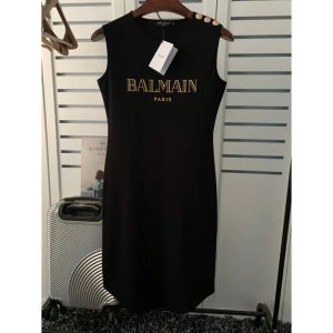 Original BALMAINˉPARIS  Spring Summer New Balman Cotton Slim Fit Pullover Balmain One Piece Skirt Letter Gold Button T-shirt for Women