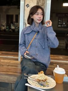 Fashionable Korean Style Striped Color Block Knitted Cardigan And Scarf Two Piece Set for Women Autumn New Arrival