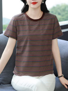 Summer Striped T-Shirt Womens Short Sleeve Loose Large Size Half Sleeve round Neck Casual Top Comfortable Breathable Cotton Blend