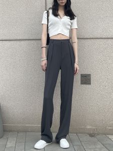 High Waist Straight Leg Casual Pants Womens Grey Suit Wide Leg Pants Spring Summer New Arrival Slimming Floor Length Trousers