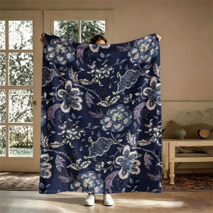 BILIBILI | Vintage Floral Navy Blue Flannel Blanket Perfect for Sofa Office Bed Travel Sleep Read Relax Camping Four Season Use