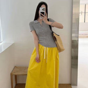 YUEZHONGWEI | American Style Polo Neck Ice Silk Knitted Short Sleeve T-Shirt Women Summer Slim Fit Short Style Turn-down Collar Top