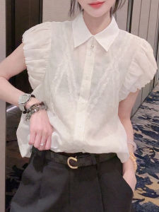 PAIBOLI | เสื้อเชิ้ตแขนสั้นทรงหลวมสไตล์เกาหลีสำหรับฤดูร้อนปี 2025 คอกลม แขนพอง ผ้าฝ้ายผสมโพลีเอสเตอร์ สีพื้น เสื้อยืด