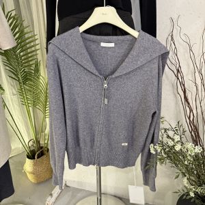 Double Zipper Design Navy Collar Knitted Sweater Top Long Sleeve Womens Open Cardigan Outerwear Knitted Fabric Autumn Fashion