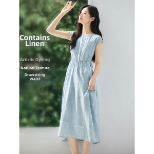 MOHANYIMEI | Linen Blend Flounce Sleeve Nature Dye Bubble Holiday Dress