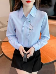 Áo Sơ Mi Nữ Tay Dài Thêu Cotton Nguyên Chất Thời Trang Cổ Polo Khóa Cài Phong Cách Trung Hoa Mới Mùa Xuân Thu 2025