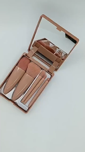 Set Kuas Make Up Portable Plus Cermin Rias / Makeup Brush Set 5IN1 With Box / Brush Powder Foundation Beauty Tools