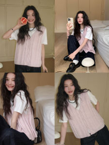 Pink Cable Knit Vest Female Autumn New V-Neck Outerwear
