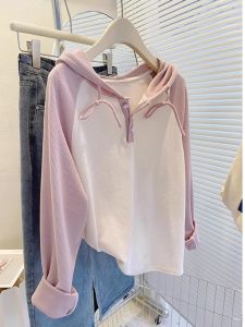 พลัสไซส์ ผู้หญิง เสื้อยืดแขนยาว มีฮู้ด หลวม Fit ฤดูใบไม้ร่วง แฟชั่น พรางหุ่น Effect Early ฤดูใบไม้ร่วง อินเทรนด์ ลำลอง Wear