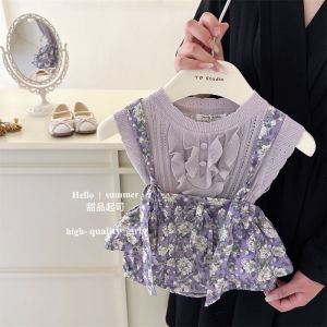 Korean Style Girls Summer Floral Print Pantsuit Cute Thin Vest Set with Ruffle Hem Overalls Two Piece Set for Ages 1-12