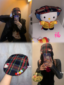 Adorable Hellokitty Button Forward Cap Y2K Red Plaid Artistic Painter Hat Retro Versatile Sweet Cute Style Summer Beret Hat