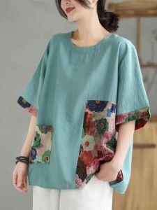 Cotton plus Size Short Sleeve T-Shirt Summer Vintage Loose Casual Print Trendy Color Block Commute Style round Neck Top