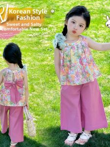 Floral Sweet Sleeveless Top and Wide Leg Pants Set For Girls
