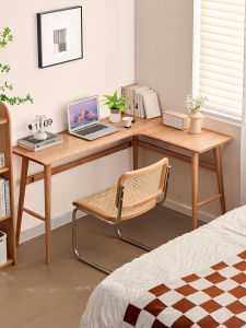 Solid Oak Wood Corner Desk L-Shaped Home Study Office Writing Table European Style Detachable Modern Simple Design with Cable Hole