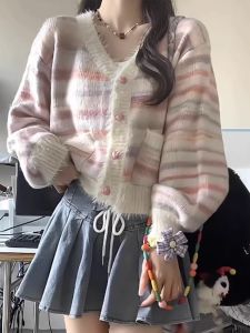 Pink Striped Knit Sweater Coat Loose Lazy Style Japanese Retro Spring Autumn Womens Fashion V-neck Single Button Long Sleeve