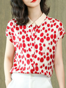 NVSHENJI | Silk Shirt Womens Short Sleeve Polka Dot Print Korean Style Commute Fashion Breathable Light Weight Straight Cut Top