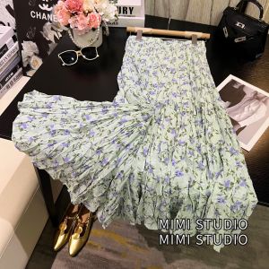 Gray Purple Floral Half Skirt Womens Fairy Style Chiffon Midi Skirt Summer Korean Style Large Flounce Skirts Vintage Style