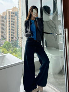 High Waist American Style Denim Jeans Womens Vintage High Heel Pants Original Color Wide Leg Floor Length Trousers