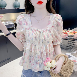 YIMEI เสื้อมีเชือกผูกคอทรงสี่เหลี่ยมย้อนยุคเกาหลีมีจี้แบบผู้หญิงระบายแขนสั้นมีเอกลักษณ์เสื้อปักลายดอกไม้