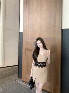 Váy Vest Ren Splicing Phong Cách Nữ Thanh Lịch Mùa Hè Ôm Vừa Vặn Eo Ngắn Váy Ngắn Không Tay Cổ Tròn Váy Công Sở