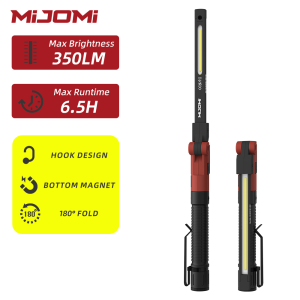 Mijomi COB Flashlight W70 1100mAH Rechargeable work light IP44 waterproof 350lumen Portable Torch COB LED Flashlight Multi-angle twist worklamp for camping car-repair home reading..
