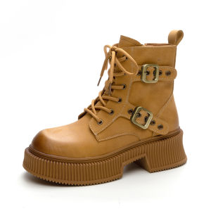 LANKAMO | Womens Martin Boots Autumn 2025 New British Style Genuine Leather Short Boots Cool Spring Autumn Thick Bottom Heightening Handsome Yellow Boots