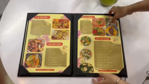 Quyển menu bìa da góc cài nhiều trang menu da cao cấp gập đôi bìa da góc cài nhiều lá