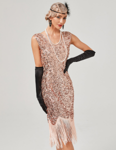 Retro Sequin Gatsby Dance Tassel Dress Party Evening Ball Dress Beaded Toasting Mini Dress Polyester mid Waist Vintage Style