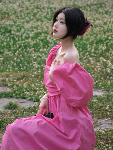 ชุดเดรสยาวแขนพองสีชมพูม่วงสไตล์เกาหลีสำหรับนักเรียน ชุดเดรสยาวเอวสูง แขนสั้น ทรงเอ ผ้าฝ้าย 100% ฤดูร้อน 2024