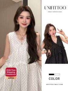 unifittoo | Summer Polka Dot Sleeveless Dress Womens High Waist A-Line Short Skirt Breathable Comfortable Polyester Fiber V-Neck Genteel Style