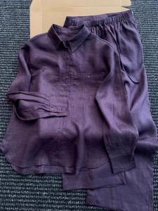 High-End Cotton Linen Womens Shirt Set Casual Fashion Spring Summer Loose Purple Linen Shirt Lazy Style Trendy Two-Piece Suit