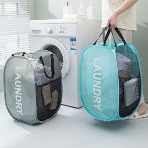 Portable Mesh Pop Up Laundry Hamper Wide Opening Breathable Collapsible Space-Saving Laundry Basket Dorm Travel Bathroom