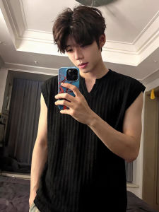 OUMULONG | Black Fishbone V-neck Sleeveless Tank Top