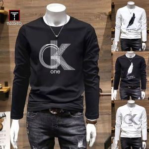 เสื้อยืดแขนยาวผู้ชายตัดเสื้อพิมพ์รอบคอด้านบนบนสไตล์เกาหลีสลิมฟิตเย็บเสื้อบอททอม